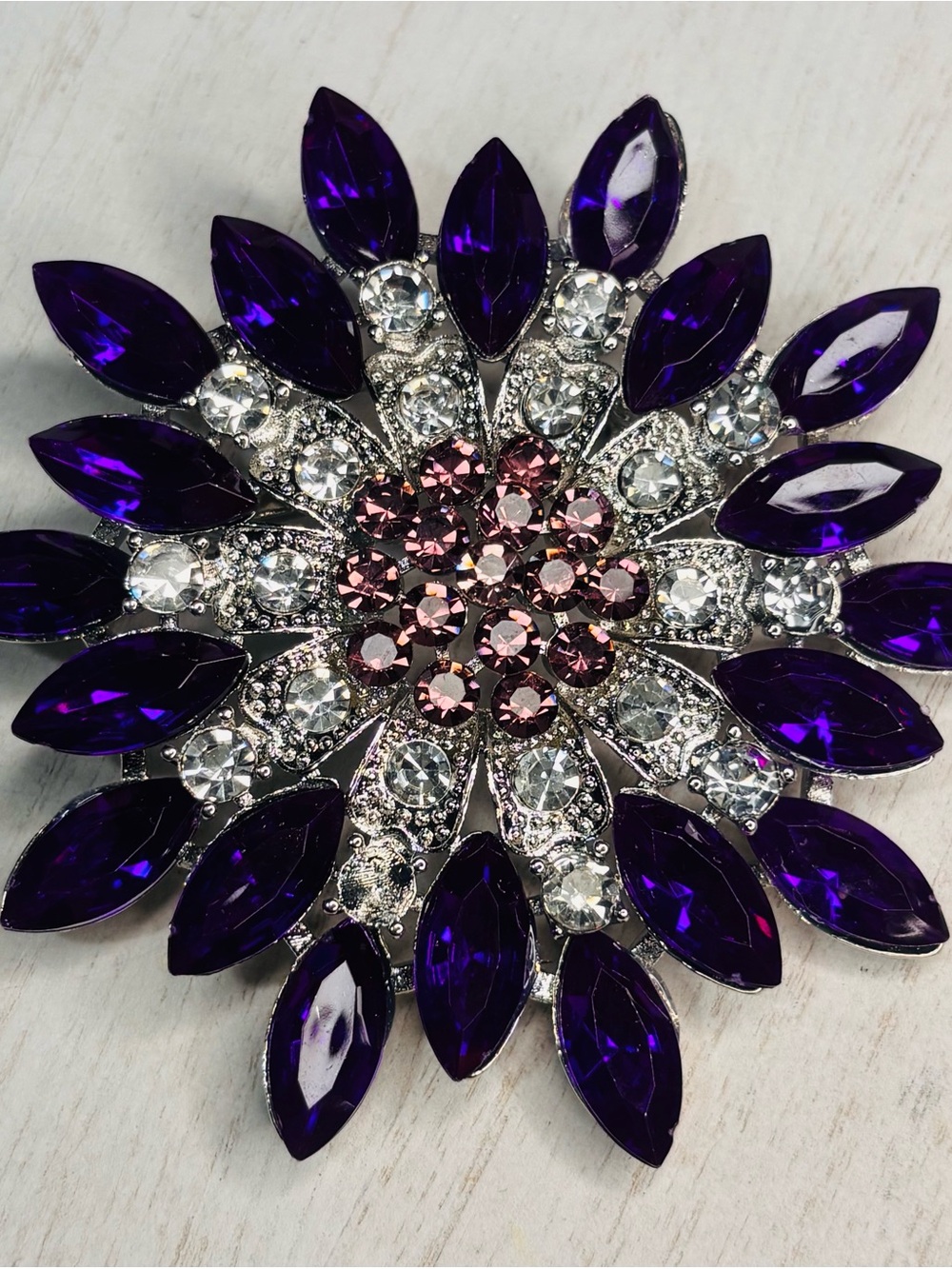 Purple Rhinestone Flower Burst Statement Brooch Pin